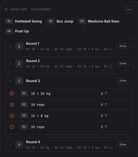 A giant set of kettlebell swings, box jumps, medicine ball slams and push ups: four rounds done, the third open to show each set ticked